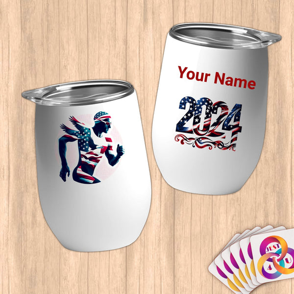 Physical Item 12 oz / White Winged Triathlete~Limited Edition 2024 "USA Excellence" ~ Customizable 12oz Wine Tumbler with Lid