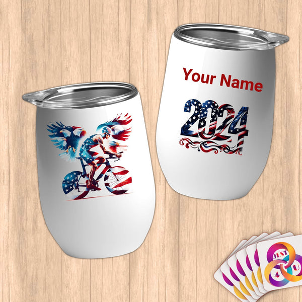 Physical Item 12 oz / White Winged Wheels~Limited Edition 2024 "USA Excellence" ~ Customizable 12oz Wine Tumbler with Lid