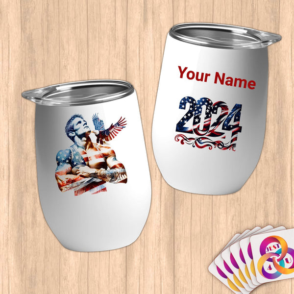 Physical Item 12 oz / White Wrestler Dreams~Limited Edition 2024 "USA Excellence" ~ Customizable 12oz Wine Tumbler with Lid
