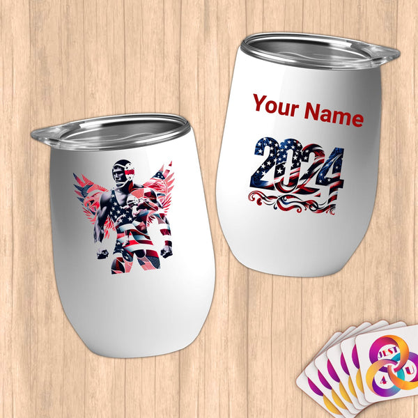 Physical Item 12 oz / White Wrestling eagle~Limited Edition 2024 "USA Excellence" ~ Customizable 12oz Wine Tumbler with Lid