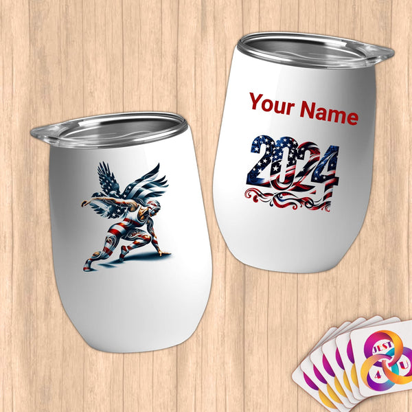 Physical Item 12 oz / White Wrestling Star~Limited Edition 2024 "USA Excellence" ~ Customizable 12oz Wine Tumbler with Lid