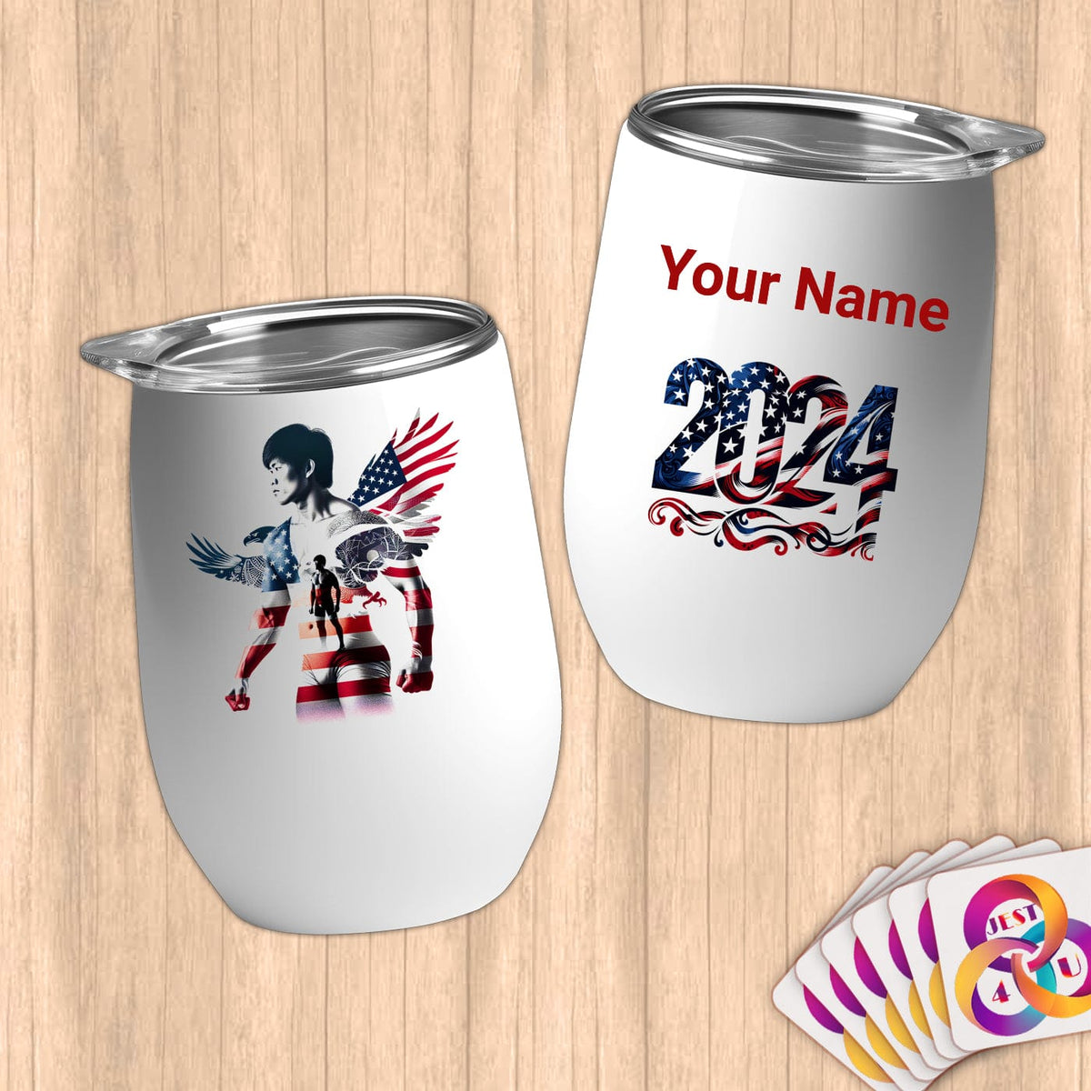 Physical Item 12 oz / White Wrestling Wings~Limited Edition 2024 "USA Excellence" ~ Customizable 12oz Wine Tumbler with Lid
